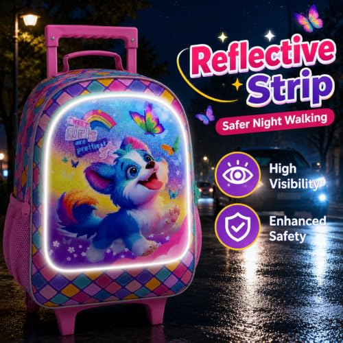 KLFVB Girls Bookbag with Wheels, 3PCS Kids Roller Backpack with Lunch Bag, Wheeled School Bag for Children - Dog - color: Upgraded UV Printing Dog Pink Rolling Backpack
