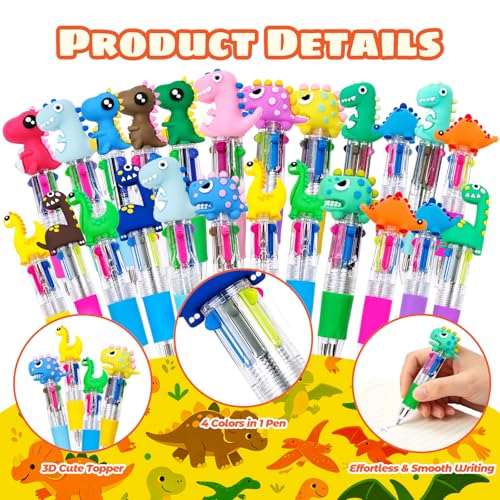 24Pcs Mini Multicolor Pens in One, 4-in-1 Cute Fun Ballpoint Pens Bulk for Dinosaur Party Favors Back to School Gifts for Classroom Birthday Gifts (Dinosaur) - style: Dinosaur