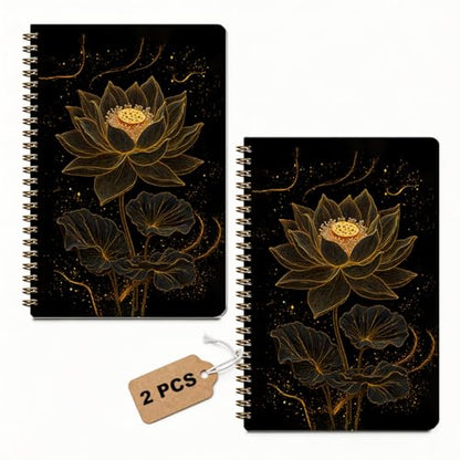 2 Pcs Gold Lotus Floral Spiral Notebook, A5 Journal Notebook 160 Pages | Meditation Yoga Spiral Notepad, Hardcover Journals for Writing Office, Zen Gifts for Women Friends, School Office Supplies - color: Multicolour 0017