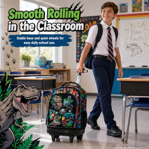 CCJPX 3PCS Rolling Backpack for Boys, 21 Inch Water Resistant Dinosaur Backpacks with Roller Wheels, Wheeled Bookbag for Teens Elementary School Travel-Brown - color: Rolling Dinosaur Black