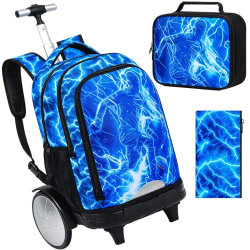 3Pcs Large Rolling Backpack for Boys, 20 Inch Detachable Wheeled Bookbag with Lunch Box, Durable Lightning Soccer Roller Backpack for Elementary Middle School (Blue) - color: Large Wheels Soccer Blue