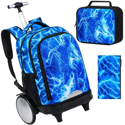 3Pcs Large Rolling Backpack for Boys, 20 Inch Detachable Wheeled Bookbag with Lunch Box, Durable Lightning Soccer Roller Backpack for Elementary Middle School (Blue) - color: Large Wheels Soccer Blue