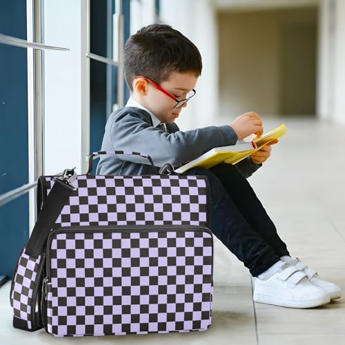 Lavender Purple Black Checkered Binder Bag 3 Ring Zipper Binders with Shoulder Strap for School Office Organizer Storage - color: Q015