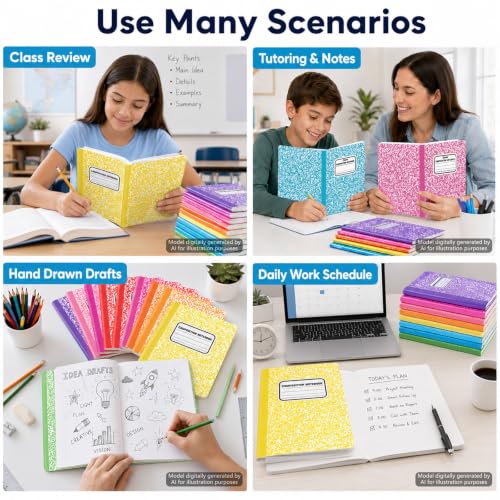 gisgfim 12 Pack Bulk Composition Notebook Wide Ruled, 12 Different Vibrant Colors, 96 Pages (48 Sheets), 9-3/4 x 7-1/2" Hard Cover Journal Notebooks for Studentsd,Classroom and Office(Rainbow) - color: Rainbow