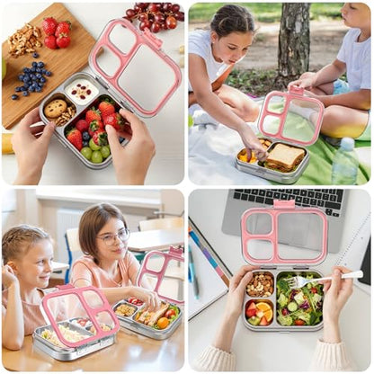 LOHASOK Kids Stainless Steel Lunch Bento Box BPA-Free Leak-Proof Tritan Lid 304 Metal Food Container with 3 Compartments for Girls Boys School,Pink - color: Pink, size: 27oz/800ml