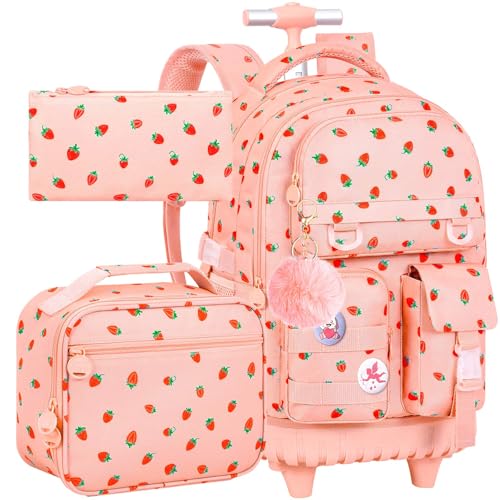 WZLVO 3PCS Wheeled Backpack, Water Resistance Rolling Bookbag for Girls, Women Aesthetic Roller School Bag Set with Lunch Box & Pencil Bag for Teens & Kids - Pink Strawberry - color: 3pcs Girls Rolling Backpack - Pink Strawberry