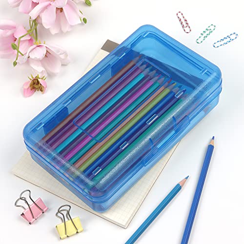 Tamaki 1 Pack Plastic Pencil Box Large Capacity, Blue | Clear Boxes with Snap-tight Lid Stackable Design and Stylish Office Supplies Storage Organizer - color: Blue