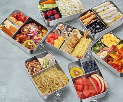 Leonyo 18/10 Stainless Steel Bento Box 28oz, 850ml Metal Lunch Box with Removable Divider, 3 Compartments Stainless Steel Food Snack Lunch Containers for Woman Man, Leak-Proof, Dishwasher Safe - size: 850ML