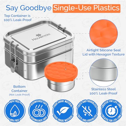 Stackable Stainless Steel Bento Box with Snack Container, 47oz/1400ml - Stainless Steel Lunch Box, Metal Bento Box for Kids & Adults, Eco-Friendly with Compartments for School, Work & Travel