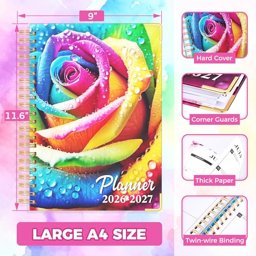 Academic Planner 2026-2027, 18 Months Weekly & Monthly Calendar Planner | July 2026 - Dec 2027, 9" x 11.6" A4 Size, Hardcover Daily Agenda with Tabs, Inner Pocket, Bookmark, Stickers, Sticky Note Set - color: Rainbow Rose, size: A4