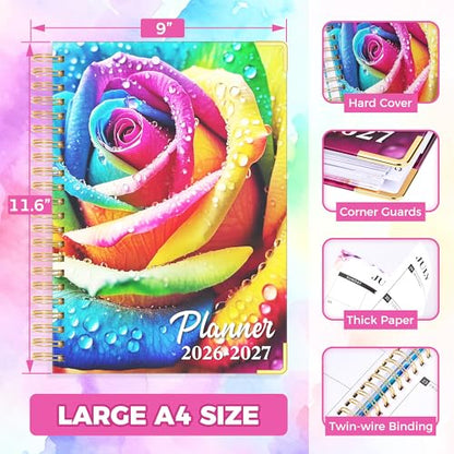 Academic Planner 2026-2027, 18 Months Weekly & Monthly Calendar Planner | July 2026 - Dec 2027, 9" x 11.6" A4 Size, Hardcover Daily Agenda with Tabs, Inner Pocket, Bookmark, Stickers, Sticky Note Set - color: Rainbow Rose, size: A4