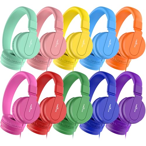 Classroom Headphones Bulk 10 Pack - Kids Headphones for School K-12 Student, 93dB Volume Limited On-Ear Wired Headset with Microphone, Durable 3.5mm Jack for Class Set Library Computer (Mixed Color) - color: Multi Color