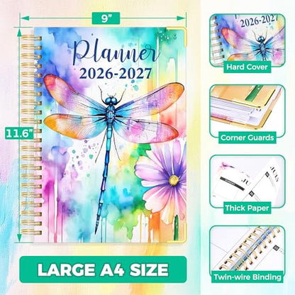 Academic Planner 2026-2027, 18 Months Weekly & Monthly Calendar Planner | July 2026 - Dec 2027, 9" x 11.6" A4 Size, Hardcover Daily Agenda with Tabs, Inner Pocket, Bookmark, Stickers, Sticky Note Set - color: Colorful Dragonfly, size: A4