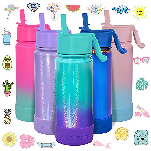 CHILLOUT LIFE 17oz Kids Insulated Stainless Steel Water Bottle with Leak Proof Straw Lid & 144 Stickers - color: Mermaid Sparkle, style: 17 oz