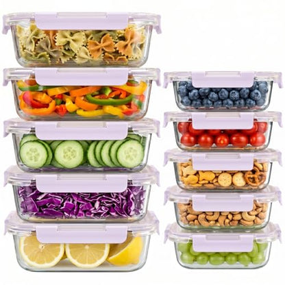 Dealusy 10 Sets (20-Piece) 36 oz & 12 oz Glass Food Storage Containers with lids, Airtight Leak-proof Glass Meal Prep Containers with Lids, Microwave Oven Freezer Dishwasher Safe, Purple - color: Purple