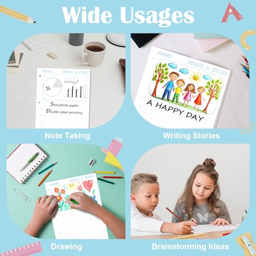 50 Sheets 8.5 x 11" Story Writing Paper for Kids Loose Leaf Draw and Write Paper 3/4" Long Rule Double-Sided K2 Write Story Handwriting Practice Paper Kindergarten Storybook Paper with Lines