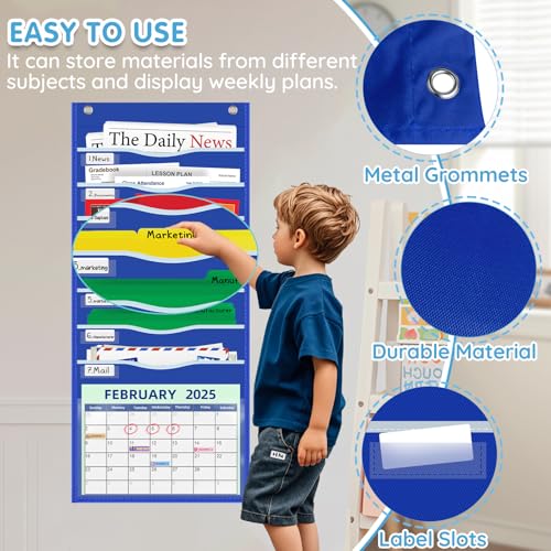ALSLEA 15" Extra Wide Hanging File Organizer with 8 Pockets - Heavy Duty Classroom Pocket Chart, Wall Mounted Document Organizer with Writable Clear Pocket, 5 Wall/ Door Hooks & 12 Labels (Blue) - size: 8 Pockets Blue