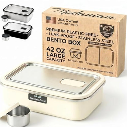 Modaniam Stainless Steel Bento Box, Stainless Steel Lunch Box for Adults, 42 OZ, Metal Lunch Box, Lunch Containers with Compartment, Vanilla, Leak Proof - color: Vanilla: 42 OZ Lunch Box Set