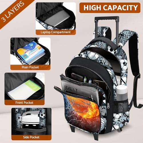 Boys Rolling Backpack for Kids - Basketball Kids Rolling Backpack with Wheels for Elementary Middle School Students - Sport Roller School Bookbag Aged 6-18, Wheeled Travel Bag Large Capacity - color: Basketball-001-backpack Only