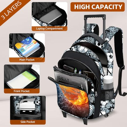 Boys Rolling Backpack for Kids - Basketball Kids Rolling Backpack with Wheels for Elementary Middle School Students - Sport Roller School Bookbag Aged 6-18, Wheeled Travel Bag Large Capacity - color: Basketball-001-backpack Only