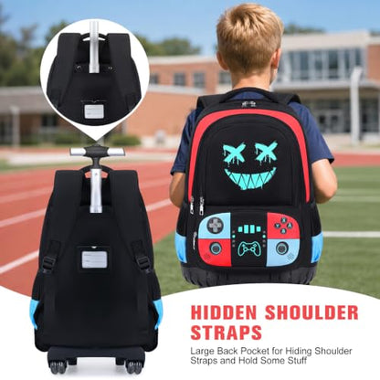 Bevalsa Rolling Backpack for Boys,Cool Luminous Gamer Roller School Backpacks with Lunch Box & Pencil Case,Kids Wheeled Schoolbag Bookbag with Wheels for Kindergarten Elementary School Travel - color: Red Blue Smile