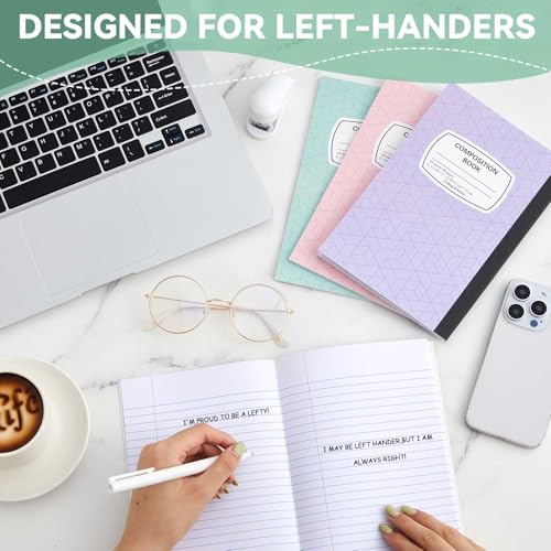 Gersoniel 4 Pack Left Handed College Ruled Notebooks, Pastel Color Composition Notebooks 8.3" x 5.8", Aesthetic Writing Notebook for School Students, Smooth Paper Journaling Set - color: Light Colors