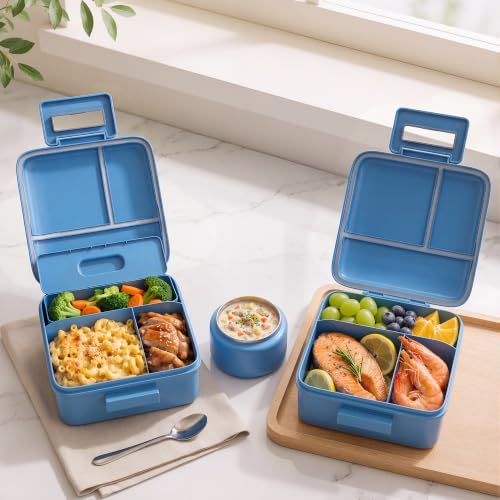 MAISON HUIS Bento Lunch Box with 8oz Soup Thermo, 5-Compartment Leak-Proof Container, Thermo Hot Food Jar and Insulated Lunch Bag, BPA Free,Travel, School (Blue) - color: Blue1