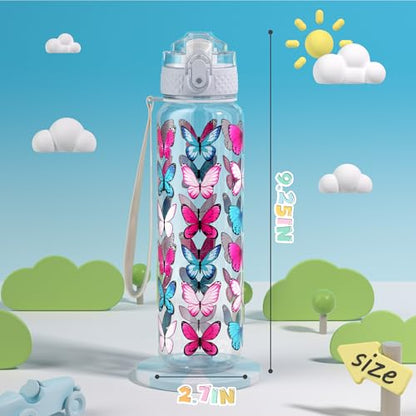 OLDLEY 17oz Kids Water Bottle, Tritan BPA-Free, Leakproof Flip Straw Lid, Motivational Time Marker, Carry Strap, Reusable Clear Water Bottle for Boys & Girls,Clear Butterflies - color: Clear Butterflies, style: 17 Ounces