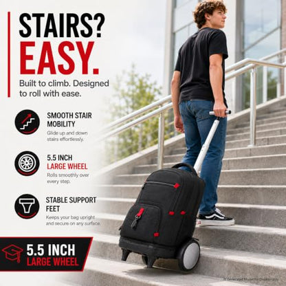 CCJPX 3Pcs Men & Boys Rolling Backpack with Bigger Wheels, Extra-Large Wheeled Bookbag with Lunch Box, Water Resistant Extra-Large Roller Luggage for Travel, Work, College (Black) - color: Black(upgrade Large Wheel)