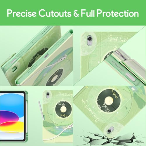 YBING Keyboard Case for iPad 10th Gen 10.9 inch (2022) & 11th Gen (A16, 2025), Bluetooth Wireless Detachable Keyboard with Green Music Painted Patterns, 360 Rotatable Magnetic Case with Pencil Holder - color: Music Green