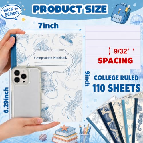 AmazingSpark Blue 6 Pack Composition Notebooks College Ruled Bulk Retro Sea Bow Blue Pink Composition Notebook for Back to School 110 Page 7-1/2"x9-3/4" Jellyfish Journal for First Day of School - color: Blue