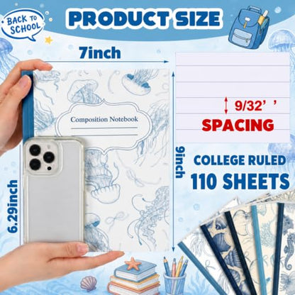 AmazingSpark Blue 6 Pack Composition Notebooks College Ruled Bulk Retro Sea Bow Blue Pink Composition Notebook for Back to School 110 Page 7-1/2"x9-3/4" Jellyfish Journal for First Day of School - color: Blue