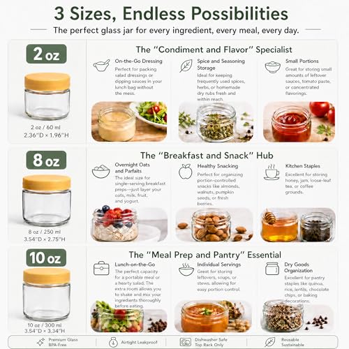 EONJOE 10 oz Small Glass Containers with Lids, Food Storage Jars, 6pk | Perfect for Chia Pudding Jam Snacks Yogurt Overnight Oats Candy ,Dishwasher safe,Airtight - size: 10oz