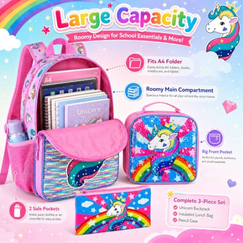 gxtvo 3PCS Girls Backpack, 16" Sequin Prechool Elementary Bookbag and Lunch Box - color: Unicorn Pink