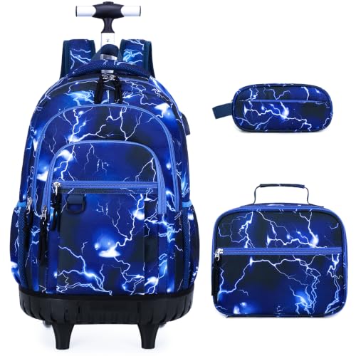 DIGOBAY Rolling Backpack for Boys, Cool Boys Backpack with Wheels, Kids Wheeled backpacks Set with Lunch Bag Pencil Case for Teen Boy, Roller School Bag with Wheels for Elementary Middle School - color: Black and Blue Lightning