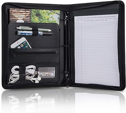 OOWOLF Portfolio Business Padfolio Folder with Zipper 3 Ring, Conference Meeting Executive File Legal Document Organizer with Pockets Letter Size 8.5 x 11 Inch Writing Pad Notepad Padfolio, Black - color: Black, size: 8.8 x 11 Inch
