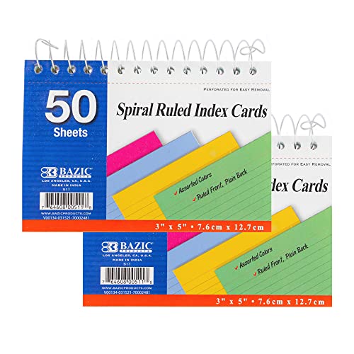 BAZIC Products Colored Spiral-Bound Index Cards, 3 x 5 in, 50 Ct, 2-Pack | micro-perforated tear-out, fully colored spiral-bound ruled index cards, Ruled front, plain back - size: 2-Pack
