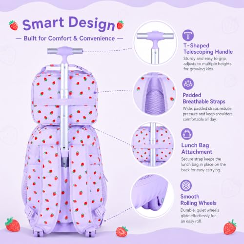 3Pcs Rolling Backpack for Girls, School Roller Bookbag with Wheels, Strawberry Wheeled Backpacks Set for Women (Purple) - color: Purple Strawberry