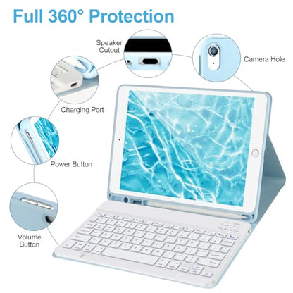 AHYWTAN Keyboard Case for iPad 9/8/7th Gen 10.2’’,Case with Keyboard ipad 10.2 inch,Detachable Bluetooth Keyboard with Pencil Holder, Blue-W - color: Blue-W
