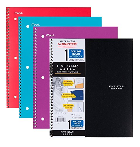 Five Star Wirebound Notebook, College Ruled, 1 Subject, 100 Sheets, 1 Notebook, Assorted Colors (Pack of 4)