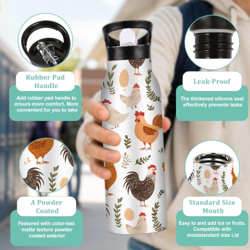 Chicken Farm 20 oz Insulated Water Bottles Rooster Grass Stainless Steel Thermal Bottle Leak Resistant with Straw Twist Cap and Handle for Sports Coffee Mug Cup - color: Chicken Farm,Rooster Grass