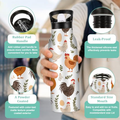 Chicken Farm 20 oz Insulated Water Bottles Rooster Grass Stainless Steel Thermal Bottle Leak Resistant with Straw Twist Cap and Handle for Sports Coffee Mug Cup - color: Chicken Farm,Rooster Grass