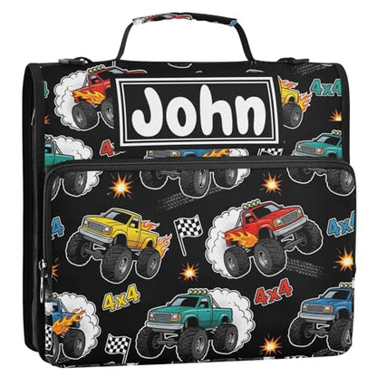 Monster Truck Black Print Custom Zipper Binder Bag 3 Ring with Shoulder Strap & Handle Personalized Binder Bag Expandable File Folder for School - color: Multi-monster Truck Black