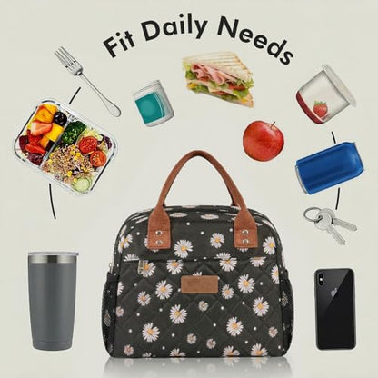 HOMESPON Insulated Lunch Bag for Women Men, Cooler Tote Box, Black Daisy | Front Pocket, Side Mesh Pockets, Reusable, for Work, Picnic, Food Container - color: Black Daisy