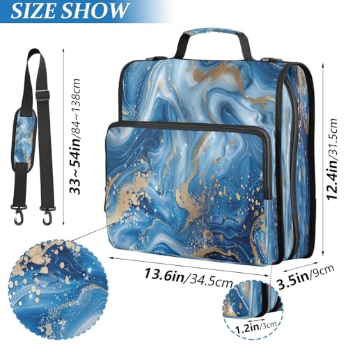 Binder Organizer, Blue Gold Marble 1.5" 3-Ring Zipper Binder with Shoulder Strap & Handle, Water-Resistant Trapper Keeper with Multi-Compartment for School & Office