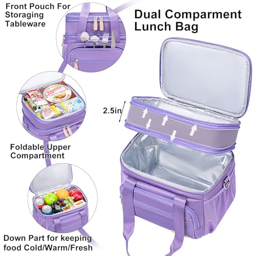 Weitars Insulated Lunch Box for Women Men-Dual Compartment Waterproof Reusable Large Lunch Bag Wide-Open Tote Cooler Bag For Working Picnic Hiking (15L) (Purple) - color: Purple