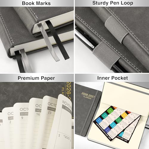 2026-2027 Planner - Weekly Monthly Calendar from July 2026 - June 2027, 5.85‘' x 8.5'' Agenda 2026-2027 with Leather Cover, Pen Holder, Elastic Closure, Ruled pages - color: Grey