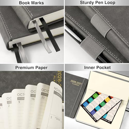 2026-2027 Planner - Weekly Monthly Calendar from July 2026 - June 2027, 5.85‘' x 8.5'' Agenda 2026-2027 with Leather Cover, Pen Holder, Elastic Closure, Ruled pages - color: Grey