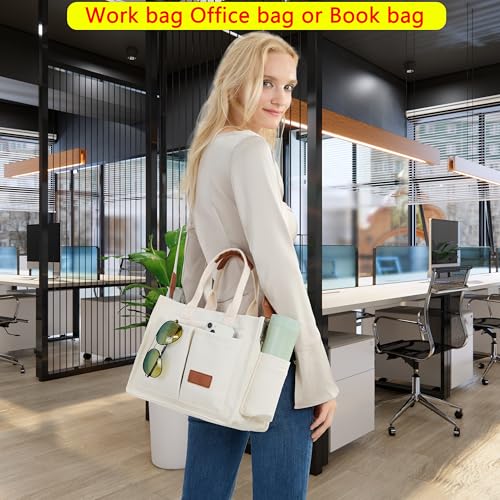ZHMO Canvas Tote Bag for Women,Women's Bags Crossbody Bags Work Laptop Tote Bag Large Handbags Purse for Travel Nurse Teacher - color: New Upgrade White With Compartments and Side Cup Holders