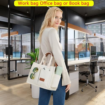 ZHMO Canvas Tote Bag for Women,Women's Bags Crossbody Bags Work Laptop Tote Bag Large Handbags Purse for Travel Nurse Teacher - color: New Upgrade White With Compartments and Side Cup Holders